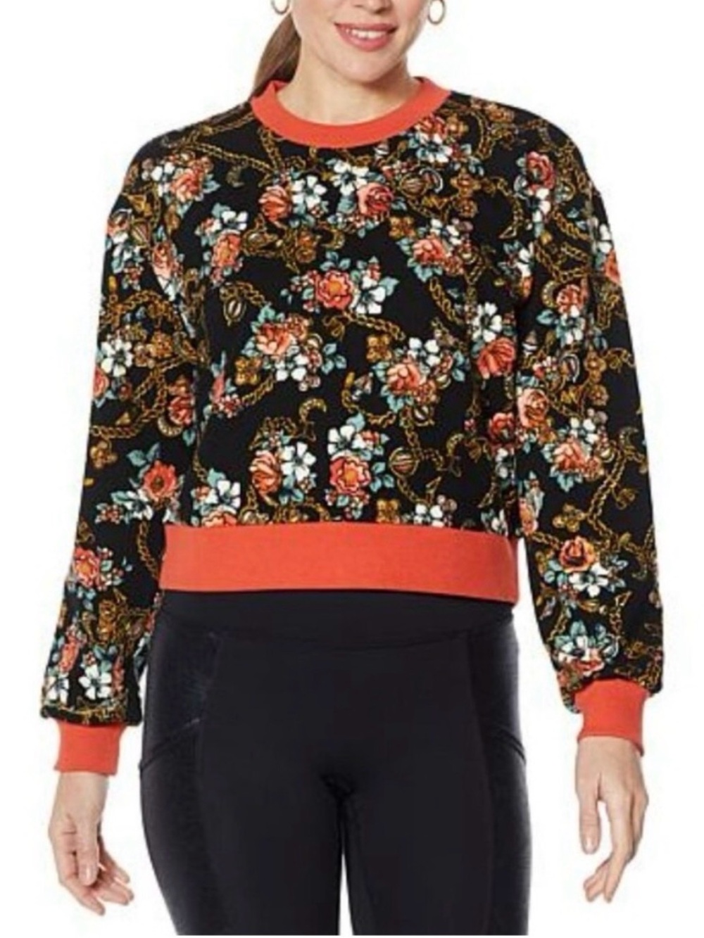 LAILA ALI  Pullover Sweatshirt, Women’s M, Orange Black Floral